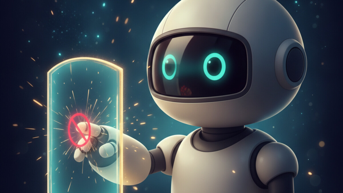 A flat illustration of a friendly robot at a keyboard beside a server stack, with a translucent shield and a red stop-hand fencing it off from a dangerous command, in navy and teal