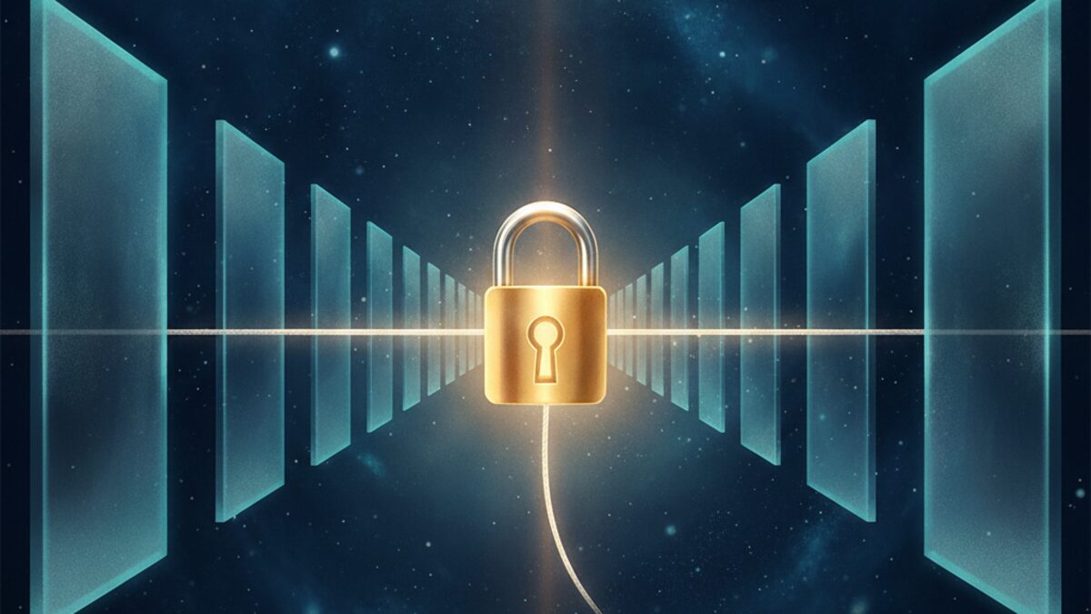 Cinematic navy and teal scene: a single glowing gold padlock at center holding one bright thread, with a receding queue of dim teal glass window-panes stalled behind it in deep navy space