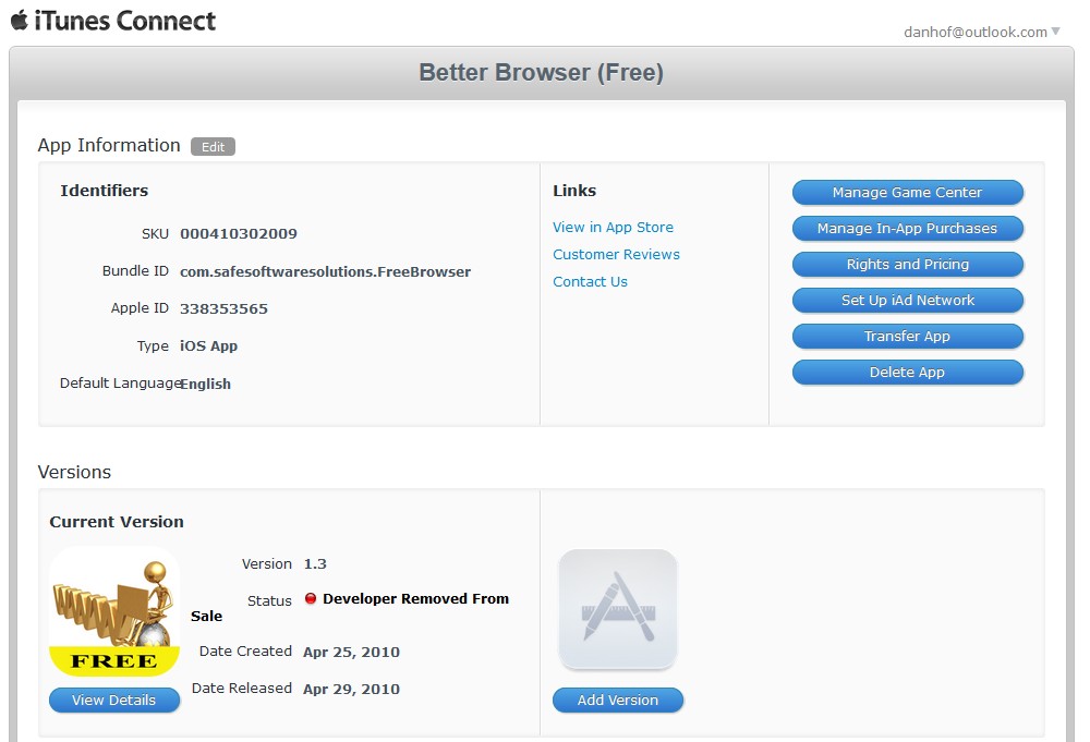 iTunes Connect page for Better Browser (Free) version 1.3 from April 2010, bundle ID com.safesoftwaresolutions.FreeBrowser, status Developer Removed From Sale