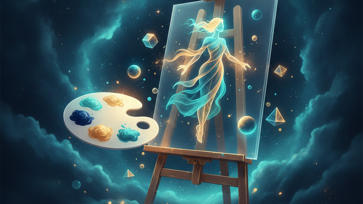 A flat illustration of an artist's easel holding a canvas with simple geometric shapes, a painter's palette on a stool beside it, in navy and teal