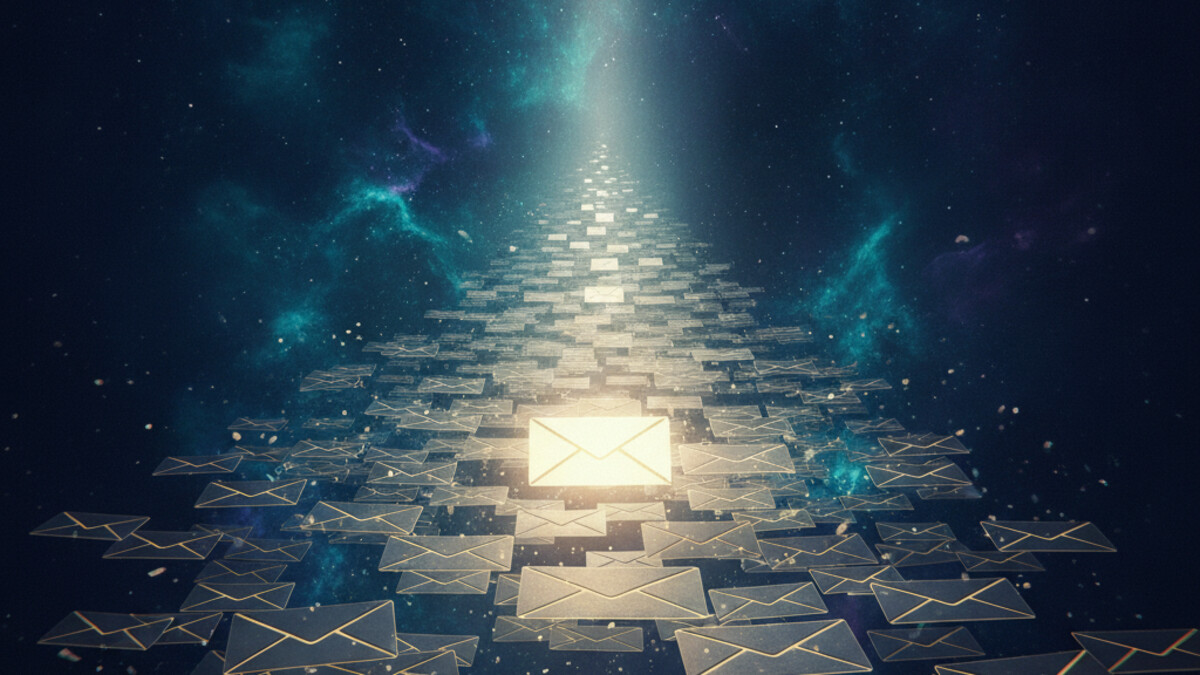 A large stack of envelopes with a magnifying glass instantly pulling one lit message out, next to a small local server