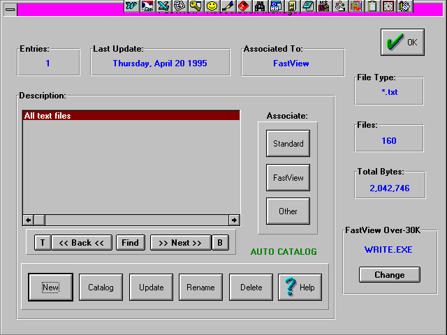 The FastView Association Manager from the 1995 help file: catalogs listed by file extension with per-catalog statistics, the *.c catalog holding 547 files