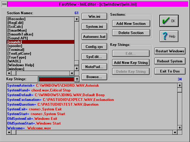 The FastView INI editor from the 1995 help file: win.ini sections listed on the left, key strings below, one-click buttons for system files, and buttons labeled Restart Windows, Reboot System and Exit To DOS on the right