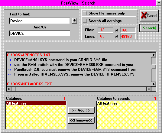 The FastView search dialog from the 1995 help file: two search terms with And/Or options, checkboxes for case and file names only, and counters showing 63 lines found in 13 files out of 160 files and 48,160 lines searched