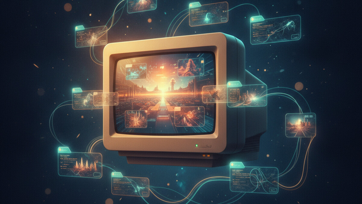 A dark cathedral-like hall of card catalog cabinets with thousands of tiny labeled drawers, a glowing teal river flowing out of one open drawer past a lone figure at a 1990s computer desk, in navy and teal
