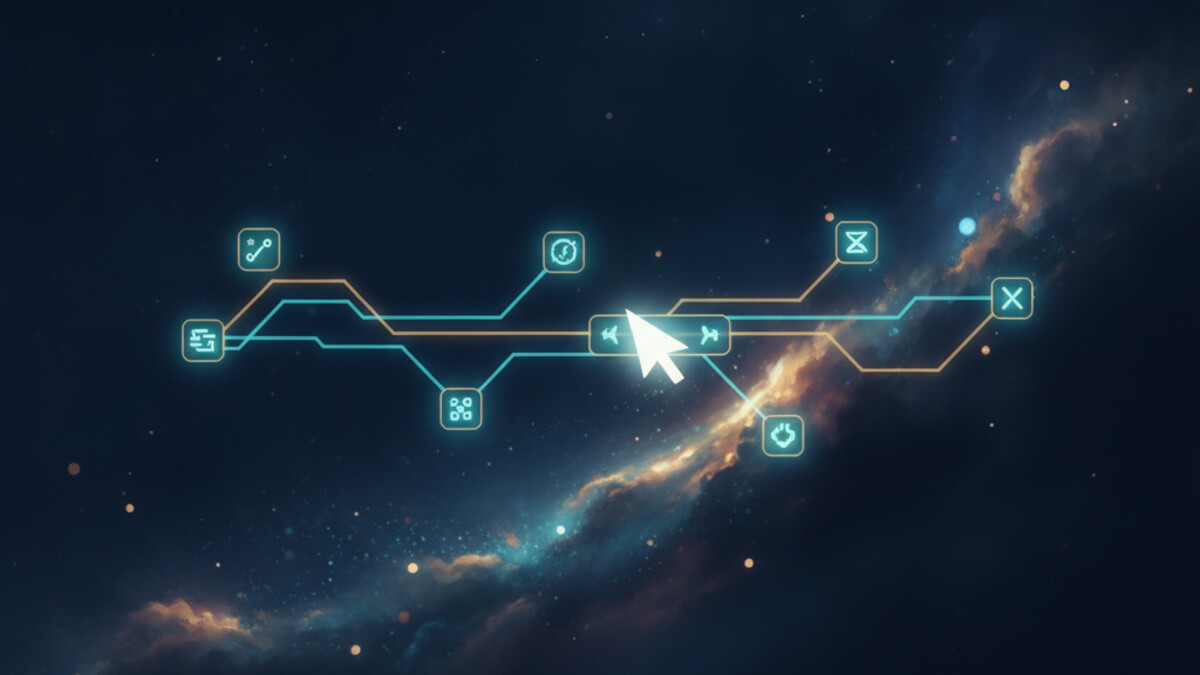 A flat illustration of a vertical menu of command buttons beside a terminal window, with a cursor clicking one of the menu items, in navy and teal