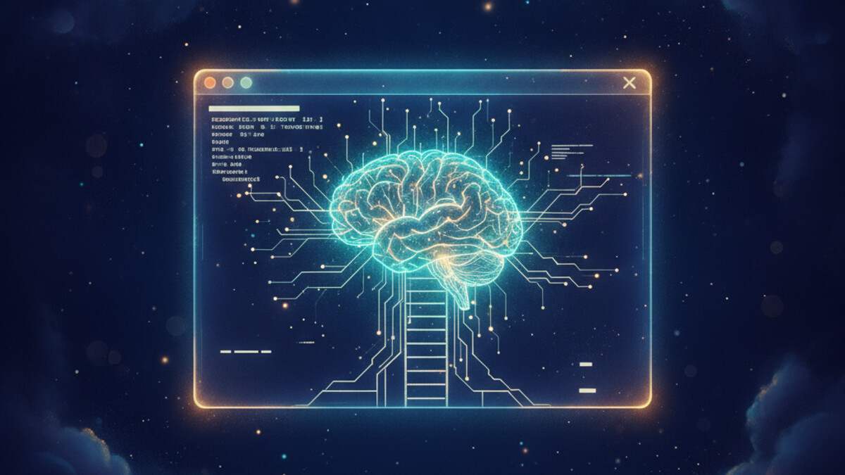 A flat illustration of a code window with a glowing teal orb of light radiating into the lines of code, on a deep navy background