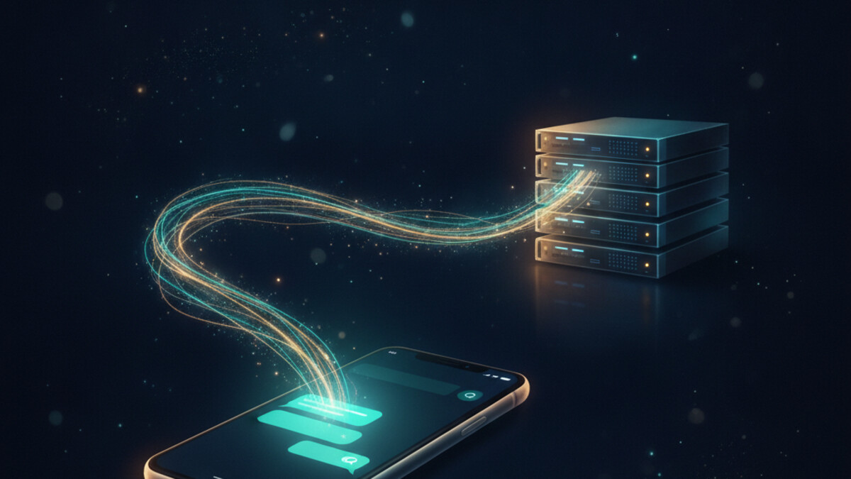 Illustration of a phone with a chat window connected to a home server stack