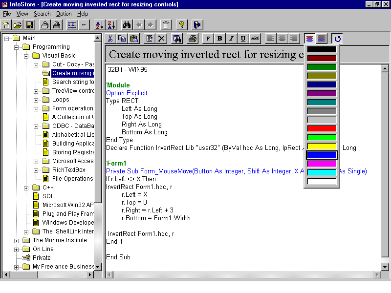 The InfoStore editor with its color palette dropdown open over the note, sixteen colors ready to apply to the selected text