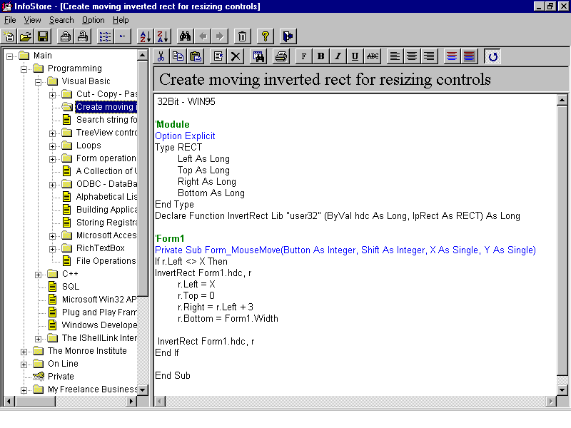 InfoStore running on Windows 95: a folder tree on the left with Programming, Visual Basic, C++ and SQL branches, and a rich text note titled Create moving inverted rect for resizing controls open in the editor on the right