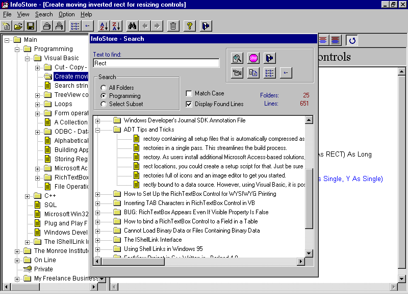 The InfoStore search dialog over the main window: text to find Rect, scope options for all folders or one branch, and a results tree showing matching notes with every found line listed underneath, with counters reading 25 folders and 651 lines