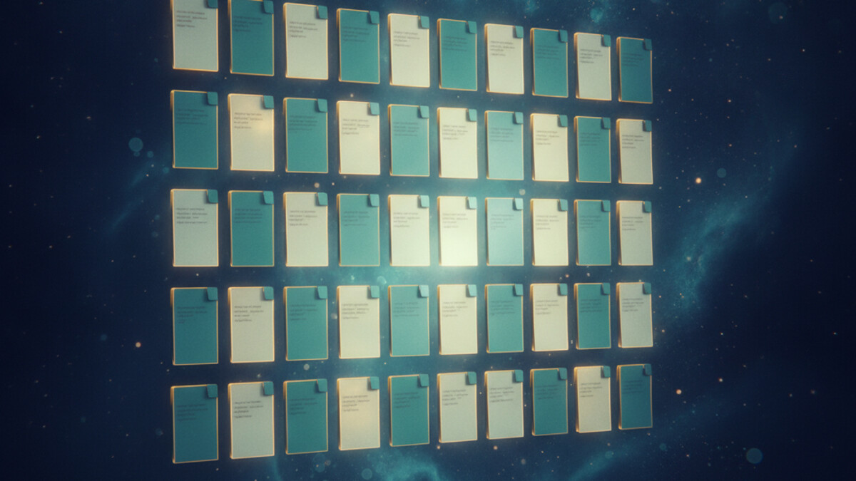 A towering monolith shaped like a 1990s application window standing on a dark plain, a glowing river of RTF documents pouring out of it, with Visual Basic lettering in the artwork, in navy and teal
