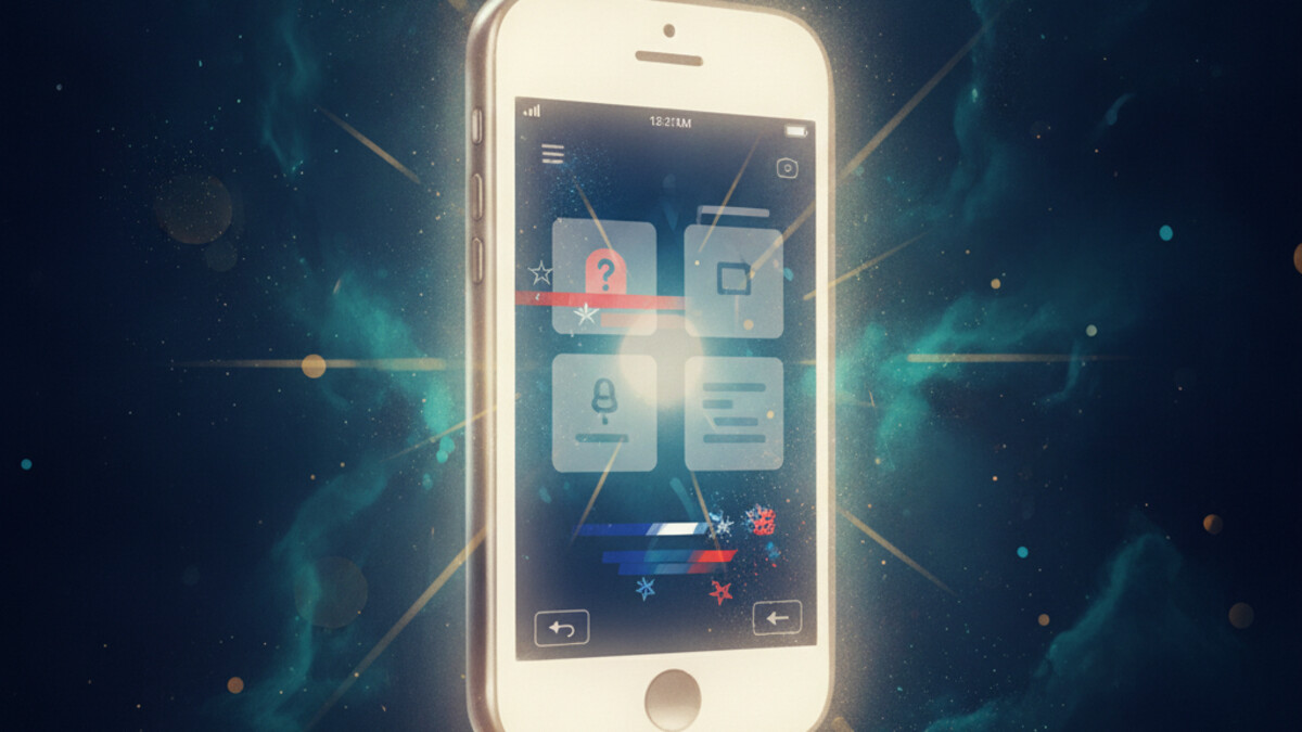 A monumental 2009-era smartphone standing like a monolith on a dark plain, its screen glowing with a golden torch, a tiny figure at its base