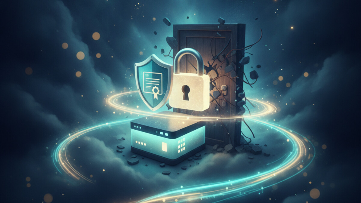 A road to a server blocked by a barrier, with a second path curving around it through a DNS cloud to reach the server's padlock shield
