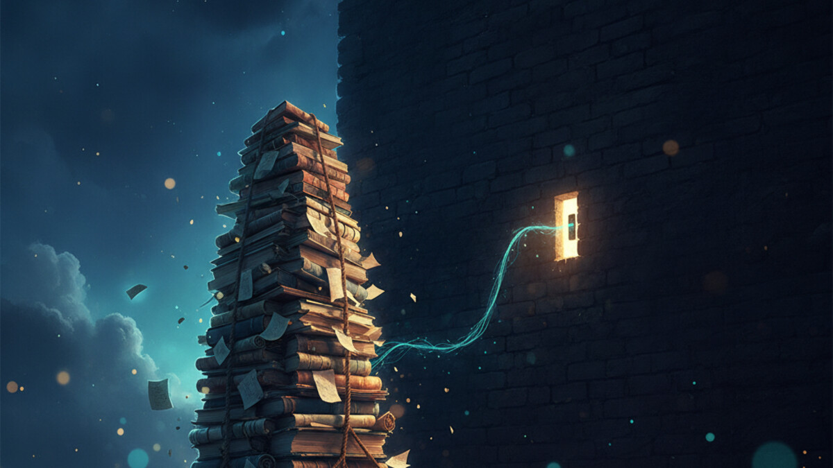 A towering stack of books and papers on a hand truck facing a tiny glowing mail slot in a dark wall, one lit envelope passing through, in navy and teal