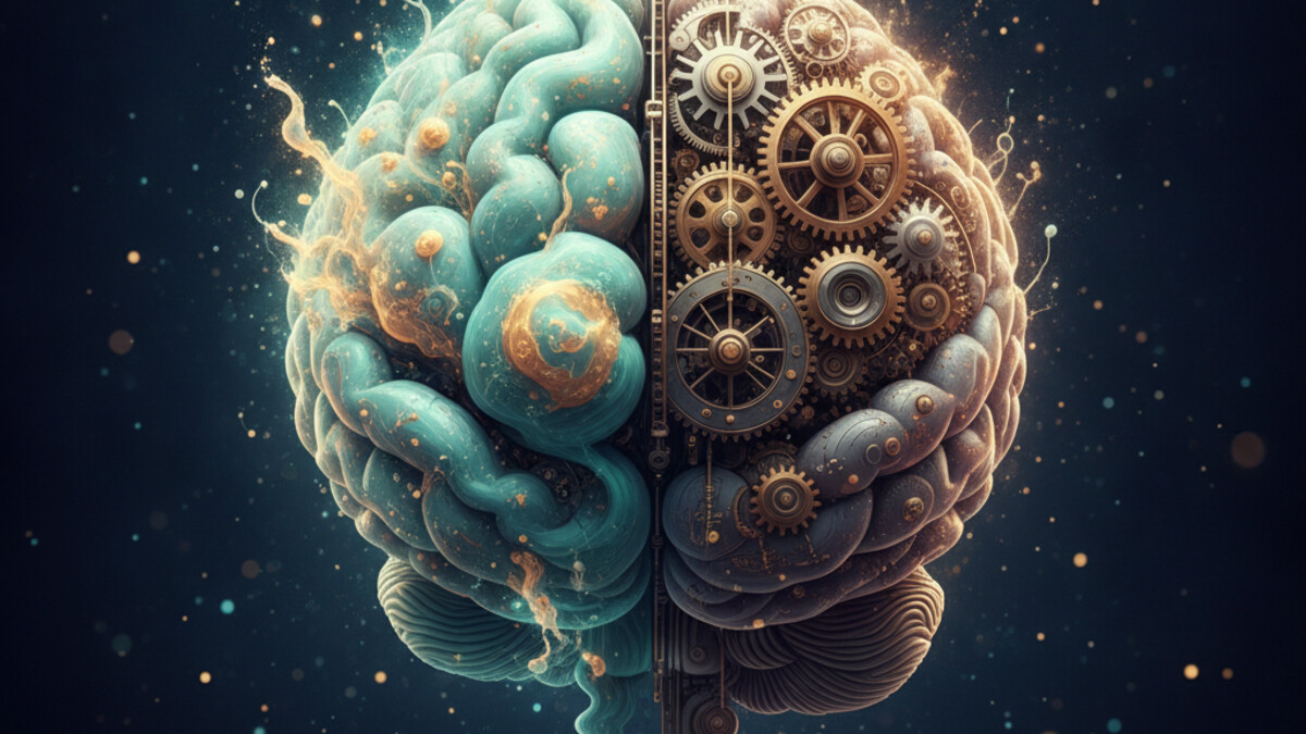 A flat illustration of a glowing teal brain wired into gears, a pipeline, and a database, on a deep navy background