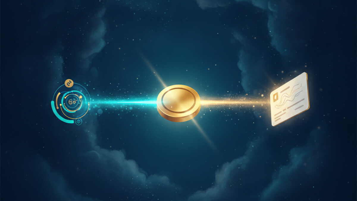 A flat illustration of a single glowing teal button with two paths branching out, one to a git commit node and one to a ticket card, on a deep navy background