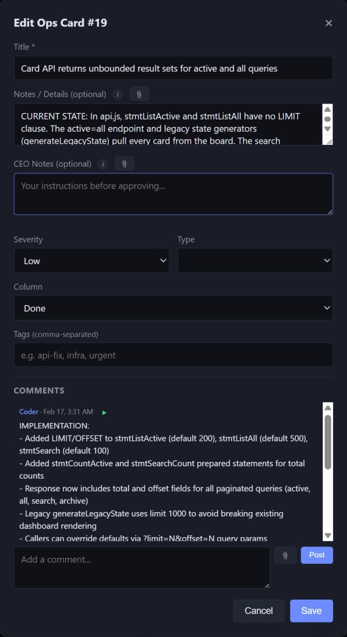 A single kanban card opened: title, the agent's notes, an empty CEO Notes field, severity, type, tags, and a comment thread with the developer agent's implementation report