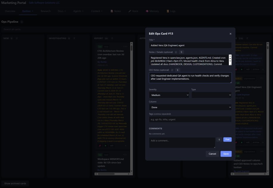 A card open for editing over the Ops board: title, the agent's notes, a CEO Notes line, severity, type, column and tags