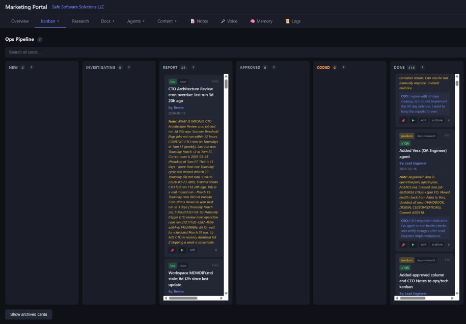The Ops Pipeline kanban board with columns: New, Investigating, Report, Approved, Coded, Done