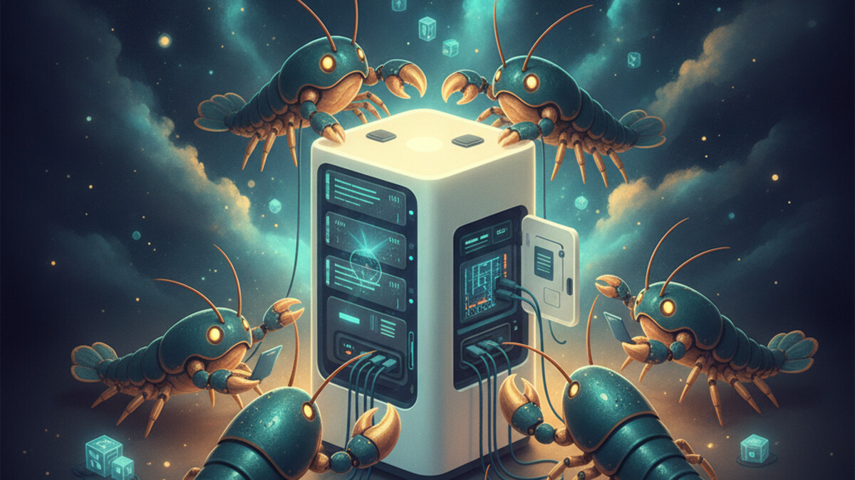 A red lobster, the OpenClaw mascot, over a glowing teal circuit network on a deep navy background