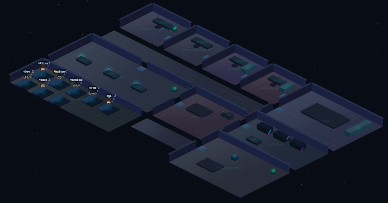 An isometric office-floor view of AI agents, each in its own room, with names like Alina, Walter, Benito, CTO and QA