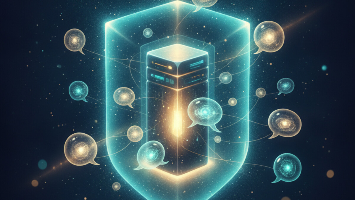 A flat illustration of a server stack with a shield in front, linked by teal lines to several comment bubbles, in navy and teal