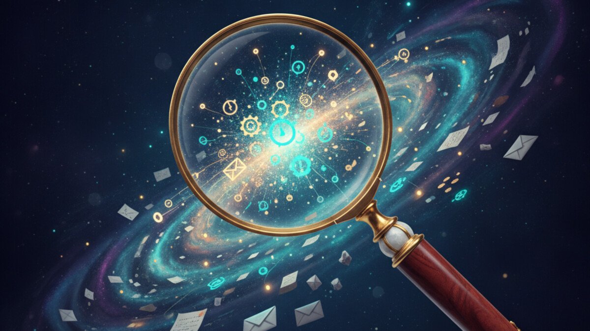 A flat illustration of a magnifying glass over a scattered field of document and envelope icons, a few related ones glowing teal and linked by thin lines, in navy and teal