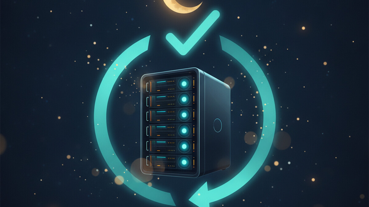 A flat illustration of a home server inside a circular self-repair arrow loop with a check mark, under a crescent moon and stars, in navy and teal