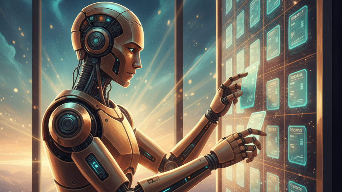A flat illustration of a robot inspecting a server rack with a magnifying glass, next to a board of ticket cards, in navy and teal