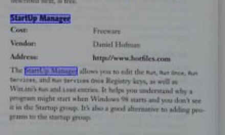 The StartUp Manager entry on page 322 of the book: Cost Freeware, Vendor Daniel Hofman, and a paragraph describing the registry keys and win.ini entries it edits