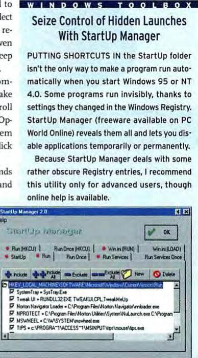 PC World May 1998, page 290: Windows Toolbox sidebar titled Seize Control of Hidden Launches With StartUp Manager, with a StartUp Manager 2.0 screenshot
