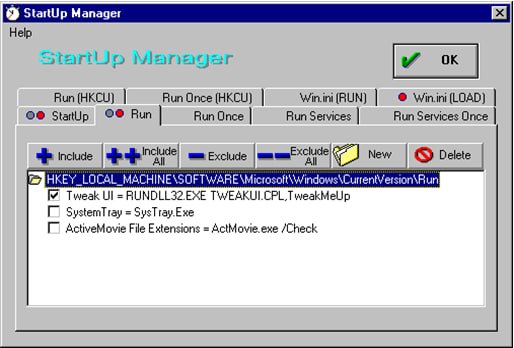 Startup Manager 2.0 on Windows 95: the Run tab listing HKEY_LOCAL_MACHINE Run entries with checkboxes and Include/Exclude buttons