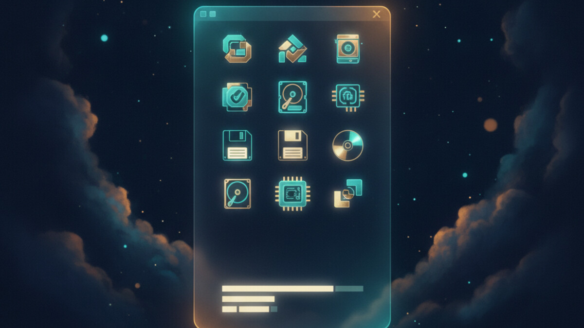 A cathedral-sized wall of glowing switches towering into the dark, with one tiny person at a 1990s computer desk reaching up to flip a single switch, in navy and teal