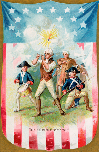 The USACitizen app's main screen background: a vintage Spirit of '76 painting with fife and drum players marching under a stars-and-stripes banner