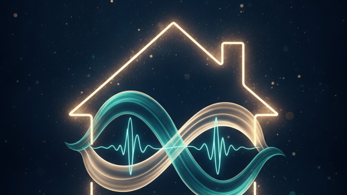 A flat illustration of a house at night: a desk microphone sends a teal sound wave to a small server rack inside the walls, while a grey cloud floats outside, disconnected, in navy and teal