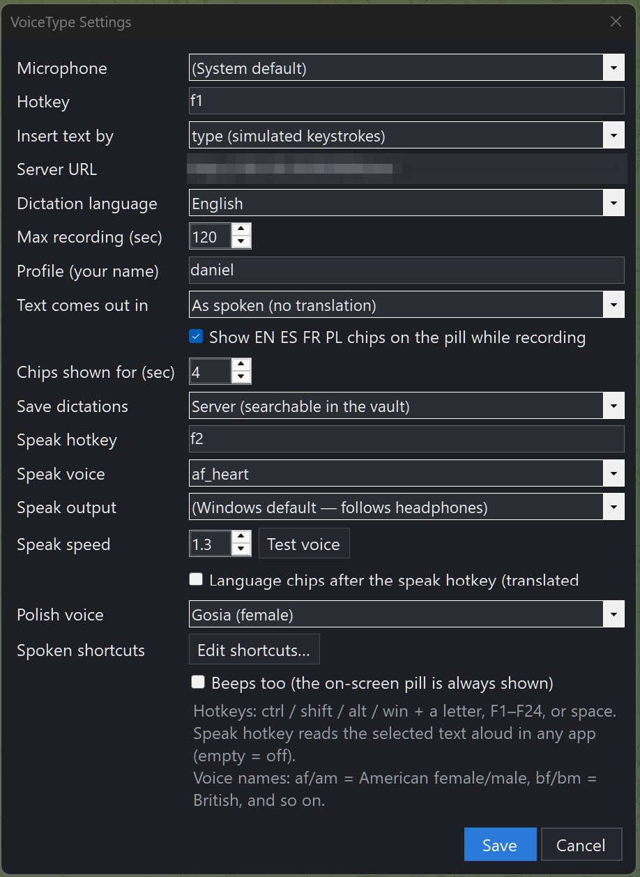 The VoiceType settings dialog: microphone, hotkeys, dictation language, output language buttons, per-person profile, dictation archive, speak voice and speed, Polish voice picker