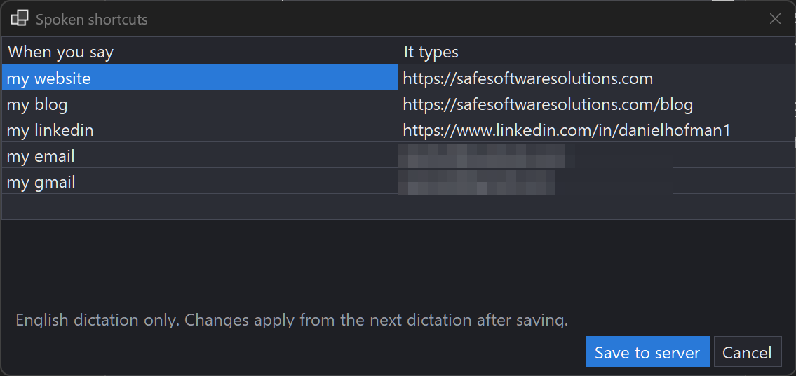 The spoken shortcuts editor: phrases like my website and my blog mapped to the full URLs they type
