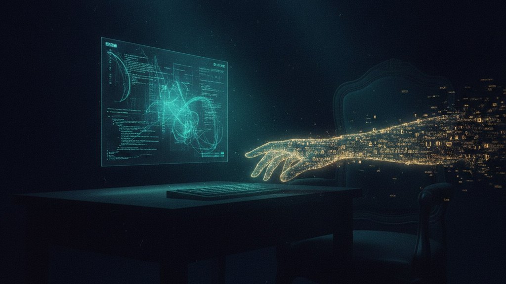 A dark room. A glowing terminal floats over an empty desk, and a hand made of scattered code reaches for the keyboard. The chair is empty.