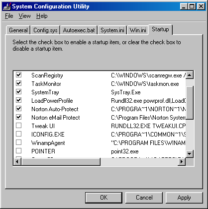 The Windows 98 System Configuration Utility (msconfig), Startup tab: a checkbox list of startup entries with OK, Cancel and Apply buttons