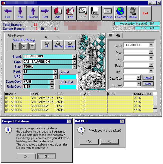 The wine list database running on Windows 95 in March 1997: a record navigation toolbar, a wine record with type, size, pack, case and unit cost, a search pane, a data grid, and backup and compact database dialogs