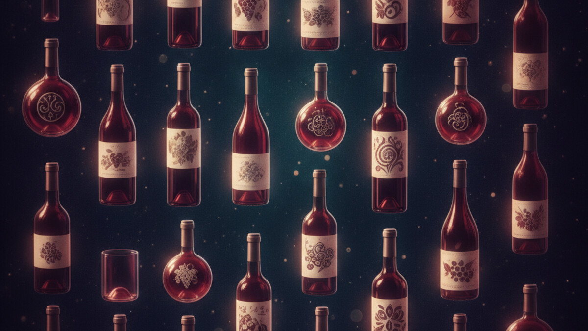 A giant floppy disk standing like a monolith in a dark wine cellar between rows of barrels, a tiny figure raising a glowing wine bottle toward it, in navy and teal